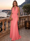 Sheath/Column Evening Dresses Chiffon Halter Sleeveless Floor-Length Ruched  Summer  Wedding Guest Dresses