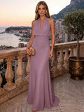 Sheath/Column Evening Dresses Chiffon Halter Sleeveless Floor-Length Ruched  Summer  Wedding Guest Dresses