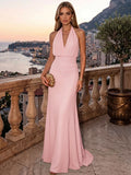 Sheath/Column Evening Dresses Chiffon Halter Sleeveless Floor-Length Ruched  Summer  Wedding Guest Dresses