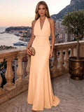Sheath/Column Evening Dresses Chiffon Halter Sleeveless Floor-Length Ruched  Summer  Wedding Guest Dresses