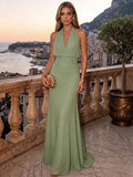 Sheath/Column Evening Dresses Chiffon Halter Sleeveless Floor-Length Ruched  Summer  Wedding Guest Dresses