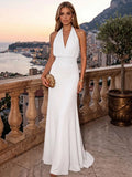Sheath/Column Evening Dresses Chiffon Halter Sleeveless Floor-Length Ruched  Summer  Wedding Guest Dresses