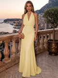 Sheath/Column Evening Dresses Chiffon Halter Sleeveless Floor-Length Ruched  Summer  Wedding Guest Dresses